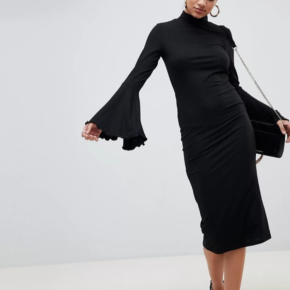 ASOS Ribbed Bodycon Midi Dress with Flare Bell Sleeves